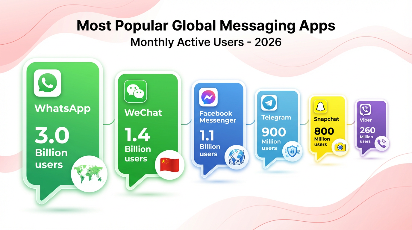 Infographic showing most popular global messaging apps in 2026 ranked by monthly active users. WhatsApp leads with 3.0 billion users, followed by WeChat (1.4 billion), Facebook Messenger (1.1 billion), Telegram (900 million), Snapchat (750 million), and Line (230 million). Each app displayed in chat bubble style with brand colors and logos.
